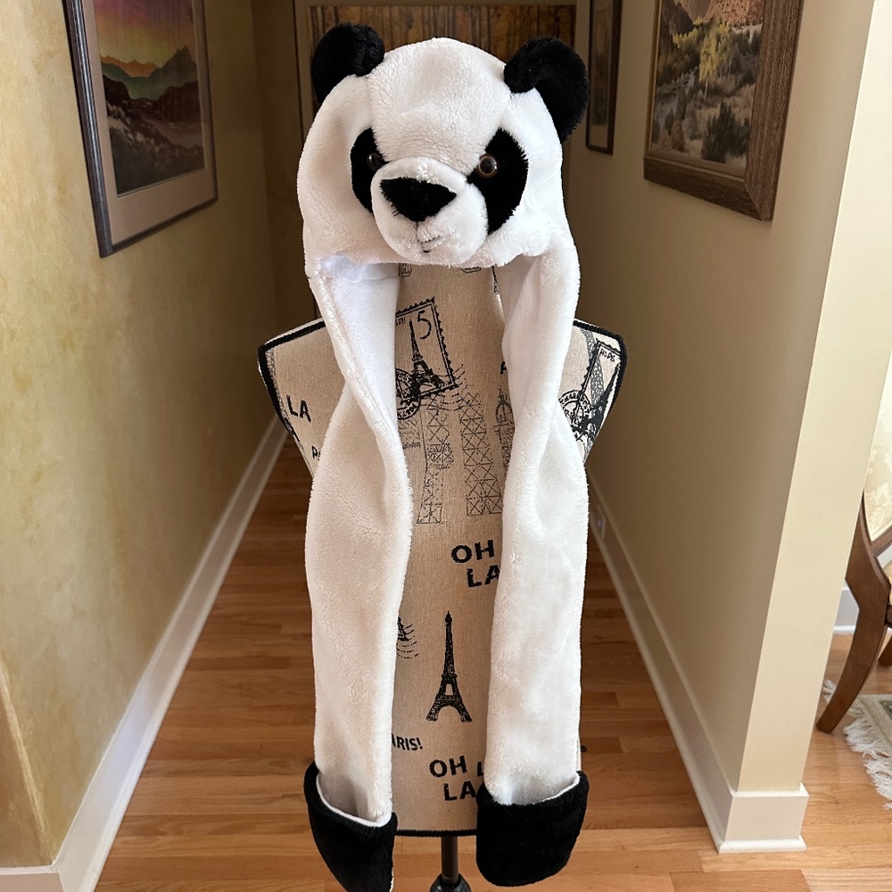 Panda Hat Plush with Hanging Scarf Paws Mittens